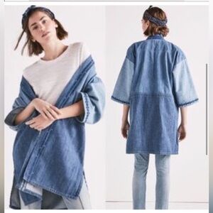 Lucky Brand Beautiful Denim Boho Embroidered Open Paneled Kimono Cardigan
